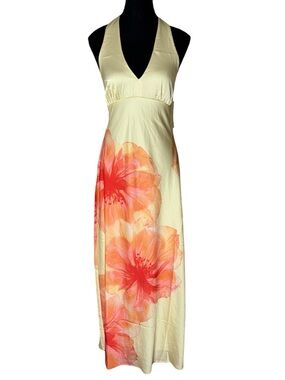 THIRTY THIRTY LA New Floral Satin Maxi Dress Halter Neck Butter Yellow Medium
